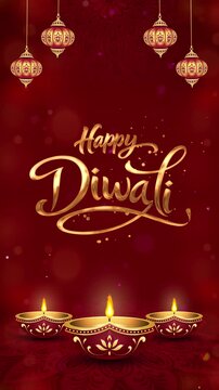 Happy Diwali Vertical Animated Greeting Video with Golden Calligraphy, Hanging Ornamental Lanterns, Three Glowing Diyas, Red Burgundy Background, Mandala and Floating Bokeh