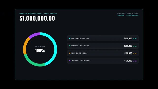 Dark financial dashboard displays investment allocation charts and monetary figures, suitable for finance presentations, portfolio analysis, fintech websites, and reports.