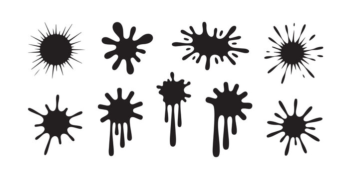 Black ink splats and liquid drip set provides diverse blot shapes for creative grunge design backgrounds.