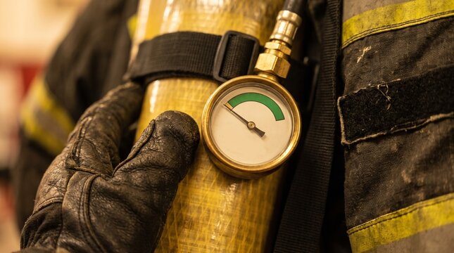 Firefighter Checking SCBA Air Cylinder Pressure Gauge Before Duty