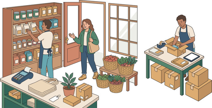 Small business retail store and ecommerce fulfillment vector illustration for online order processing local shipping warehouse inventory and grocery shopping