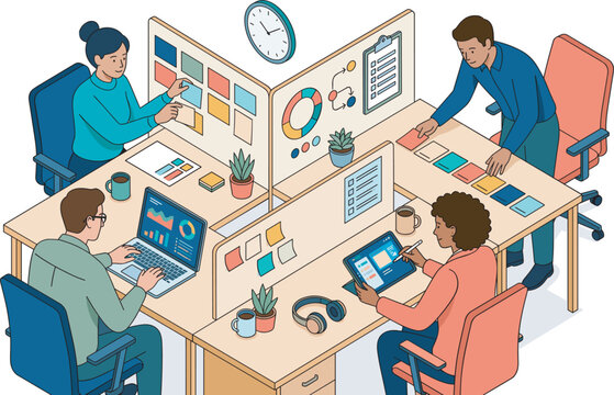Isometric office co-working space vector illustration for team productivity workflow optimization cubicle desk organization and corporate agile planning