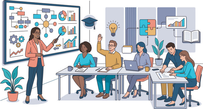 Corporate business training and presentation vector illustration for university lecture employee education seminar workshop and professional workshop strategy