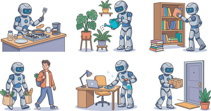 Domestic helper robot character vector illustrations set for smart home automation assistant future technology and daily household chores