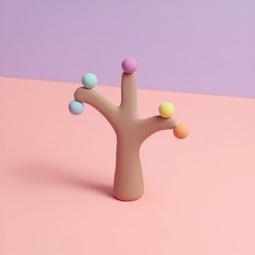 Playful 3D clay style version control branching tree with sphere nodes on pastel lavender peach gradient background git branch merge concept, generative AI