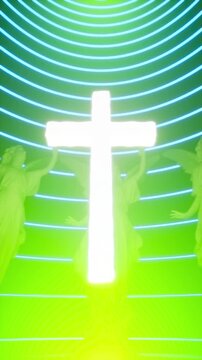 Glowing White Cross and Statues with Changing Neon Light Vertical