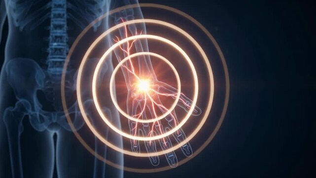 Human Wrist Pain Animation - Glowing Nerve Damage and X-Ray Skeleton Visualization - Medical 3D CGI Footage