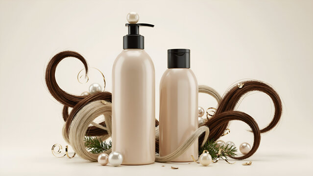 Beige cosmetic bottles with hair and pearls for beauty product promotion.