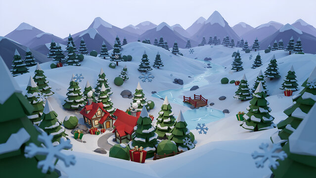 Low poly Christmas landscape with village, river, and snowy mountains.