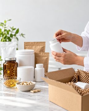 worker packages nutraceutical products on a clean counter