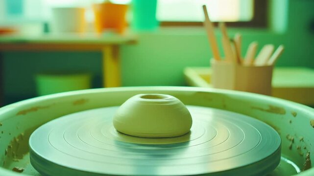 Slow close-up of a pottery wheel spinning gently with wet clay, no hands visible, craft footage
