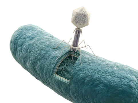 Bacteriophage virus attacking cell isolated on transparent background