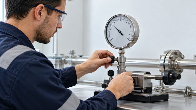 technician calibrates instrumentation on an industrial pipe