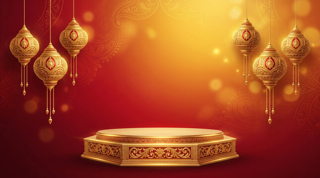 Happy Diwali festival podium ad sale promo concept on background.