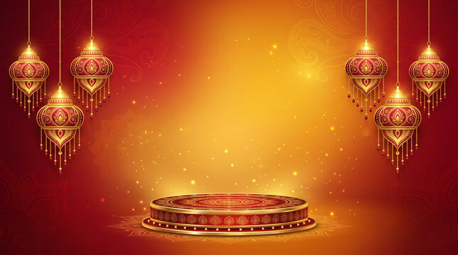 Diwali festival podium display banner poster concept on background.