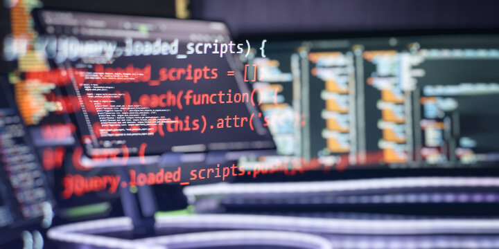 Frontend Web Development and Coding Concept with JavaScript Source Code, Developer Screens and Modern Workspace