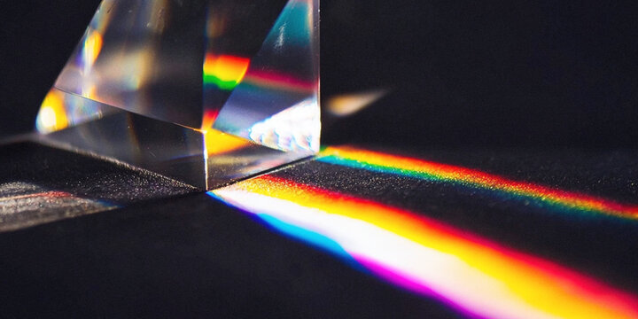 Glass prism refracts light into vivid rainbow spectrum on dark surface for physics science education and optical study.