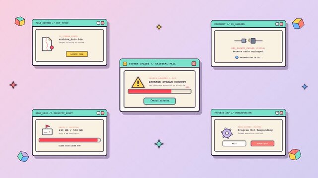 Retro UI elements displaying various computer error messages and system failures on pastel background