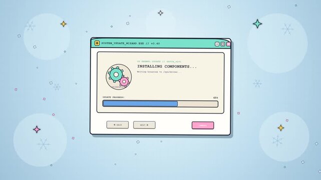 An animated software update wizard fails during installation showing an error message on screen