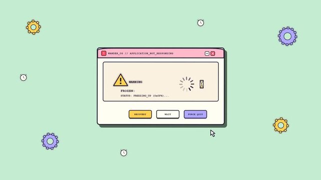 Retro computer pop up window showing an application not responding error with loading spinner