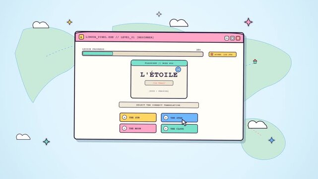 An interactive digital educational interface displays a flashcard lesson for learning the French language