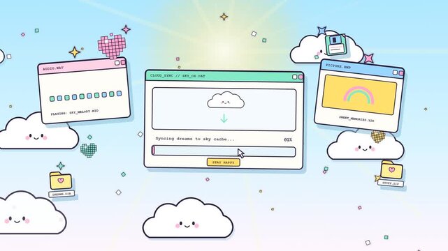 A cute digital animation featuring a retro operating system cloud synchronization interface with floating clouds