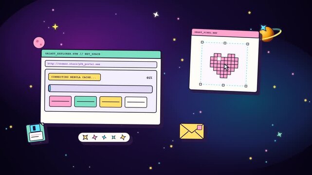 Retro futuristic computer interface showing pixel heart icon and loading progress bar in space