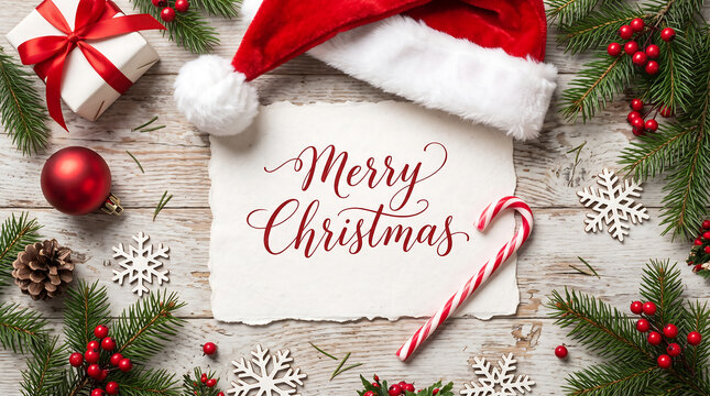 Title:
Merry Christmas text greeting card with Santa hat, decorations and fir branches on wood (87 characters)   