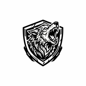 Fierce howling wolf vector emblem with protective shield shape
