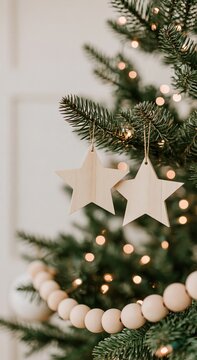 Wooden star ornaments adorn a decorated evergreen tree.