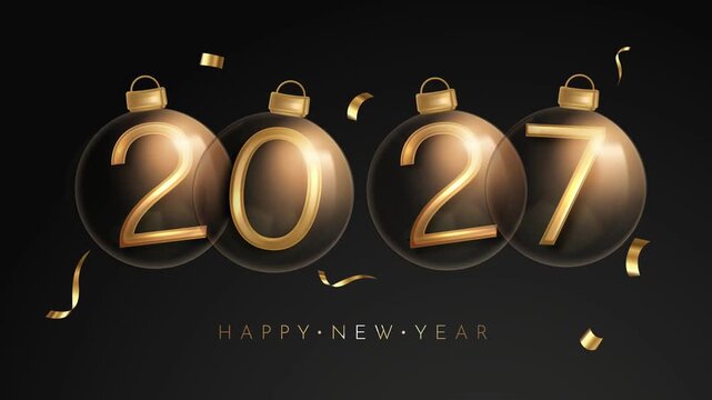 Luxury Golden 2027 New Year Numbers on Christmas Baubles with Confetti on Black Background 4K Motion Graphics Animation