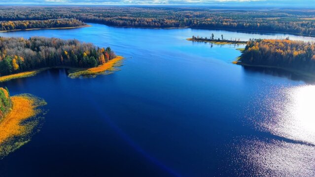 Aerial view of calm blue lake reflecting autumn trees along the shoreline in vibrant colors