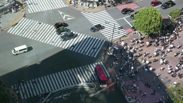 Aerial timelapse of a busy Tokyo crossing in Shibuya, Japan, cars and buses sweeping through the intersection between waves of pedestrians with parasols on a sunny summer afternoon
