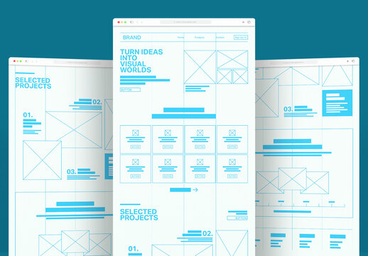 Minimalist Website Wireframe UI Design Template with Cyan Grid Layout