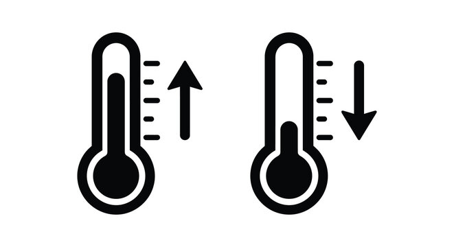 Two thermometers with arrows indicate temperature increase and decrease