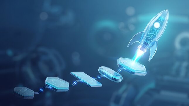 Futuristic rocket launching from connected hexagonal data nodes representing blockchain technology and secure digital network expansion in modern computing 3D render