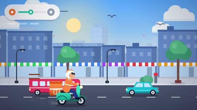 Animated vector delivery service courier riding a scooter through city streets