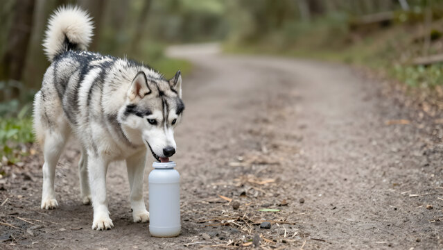 Husky drinking from portable water bottle on forest hiking trail