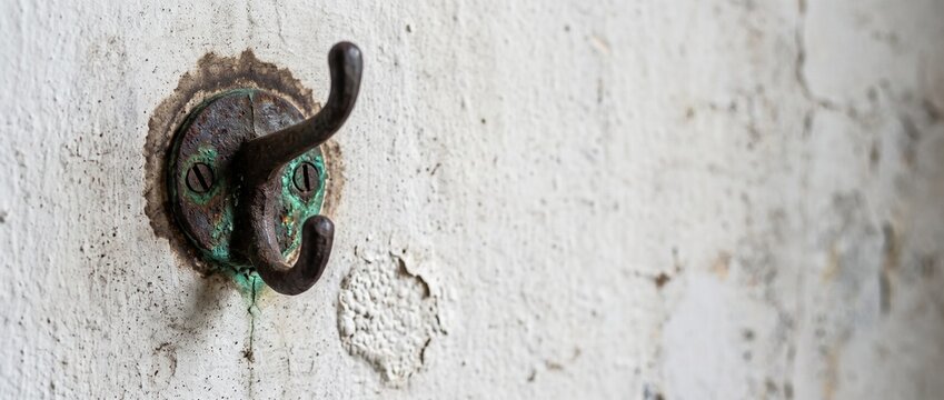 Coat hook plate water marked shot at eye level revealing dark halo round the plate, a documentary style detail of a hook that has held wet coats all winter representing a wall marked by one wet winter