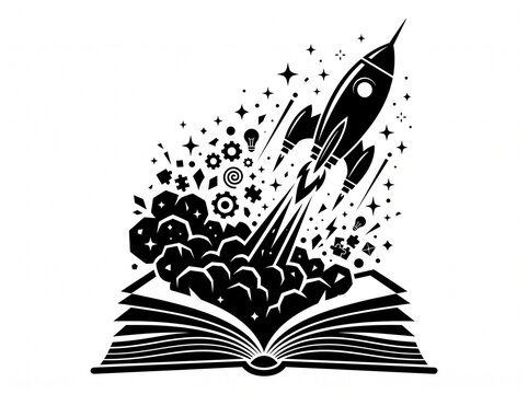 Rocket launching from an open book black line art illustration isolated on white background. Minimalist silhouette spaceship blastoff for creative education and storybook logo designs.