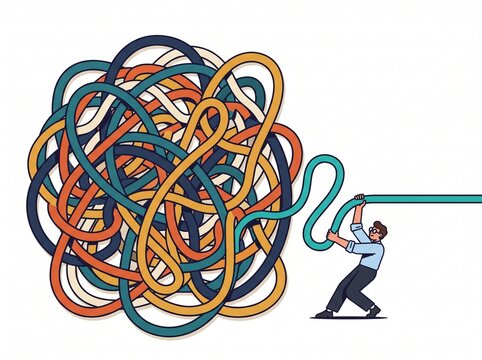 Businessman untangling a chaotic messy knot illustration. Flat cartoon style professional unraveling a complex tangled rope line for problem solving isolated on white background.