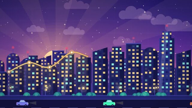 Animated city skyline with driving cars at sunset vector background