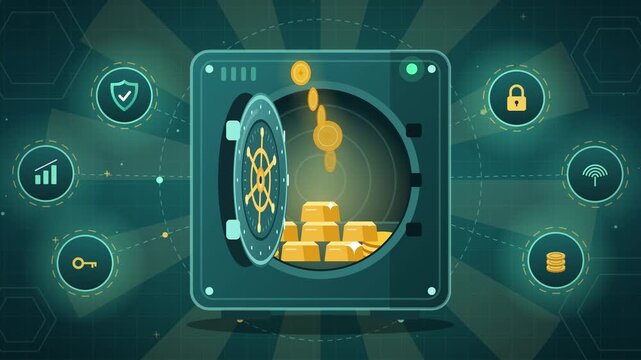 Digital security vault animation with cyber protection icons and encryption symbols