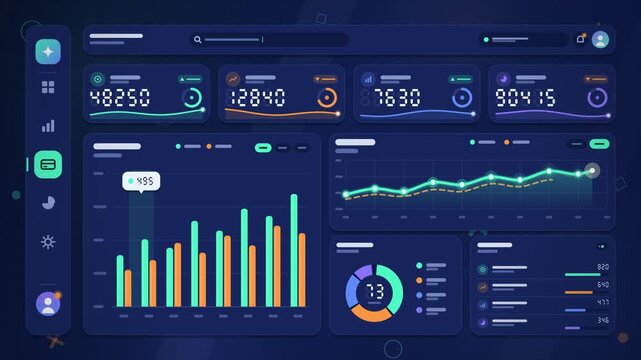 UI dashboard interface animation with financial data graphs and charts loading