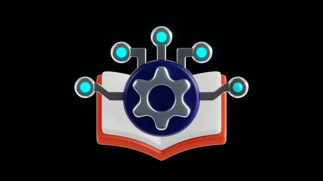 Open book with machine learning gear and network nodes rotating with looping animation in 3D icon style on transparent background for AI training and data learning concepts.
