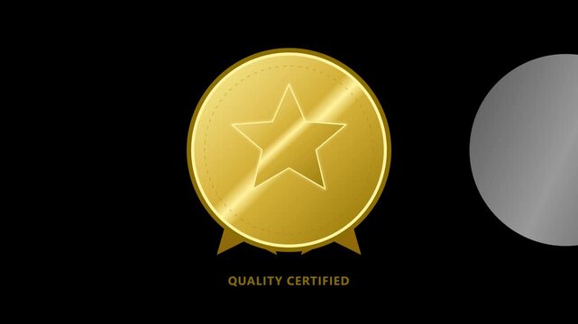 Gold quality certified badge animation with star on black background