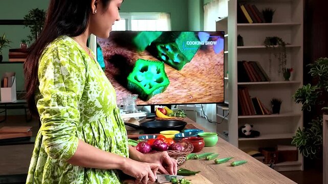 Young Indian woman chopping fresh okra in a modern kitchen while watching a cooking recipe on TV, home cooking, food preparation and healthy lifestyle concept.