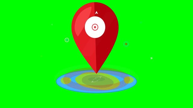 Red location marker icon pulsing over a map area on green background