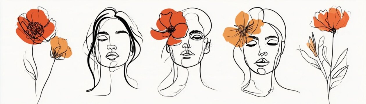 Minimalist continuous line art of elegant human faces intertwined with abstract flowers, expressive organic strokes, modern editorial illustration