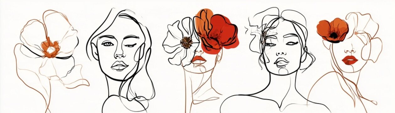 Minimalist continuous line art of elegant human faces intertwined with abstract flowers, expressive organic strokes, modern editorial illustration